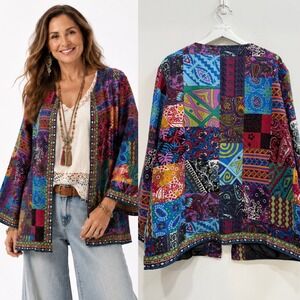 Patchwork Print Open Front Jacket XXL Boho Paisley Multi-Color Artsy